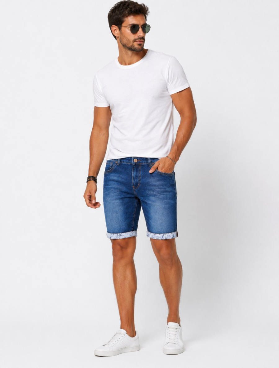 Ανδρική Τζιν Βερμούδα Slim Fit Μπλε Ξεβαμμένη με Ρεβέρ#3321