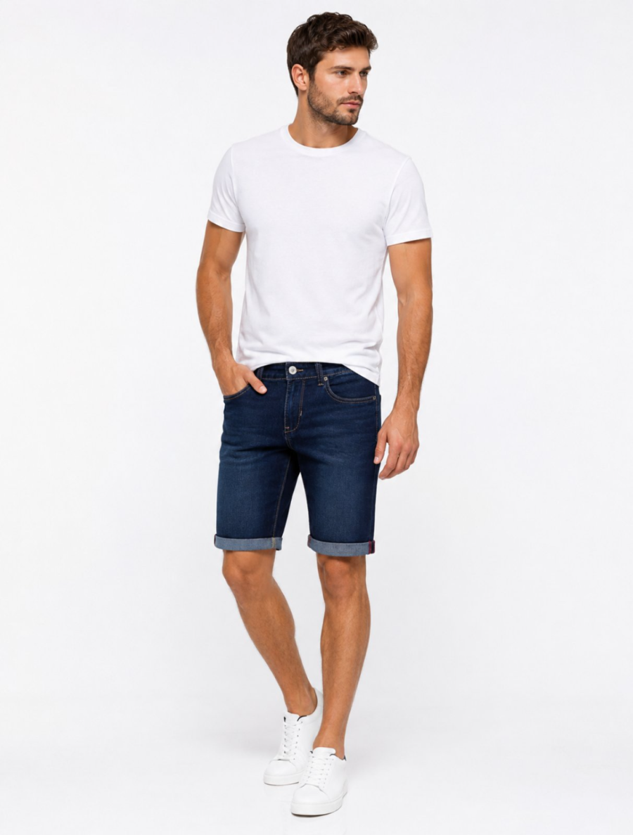 Ανδρική Τζιν Βερμούδα Slim Fit Dark Blue με Ρεβέρ #3328