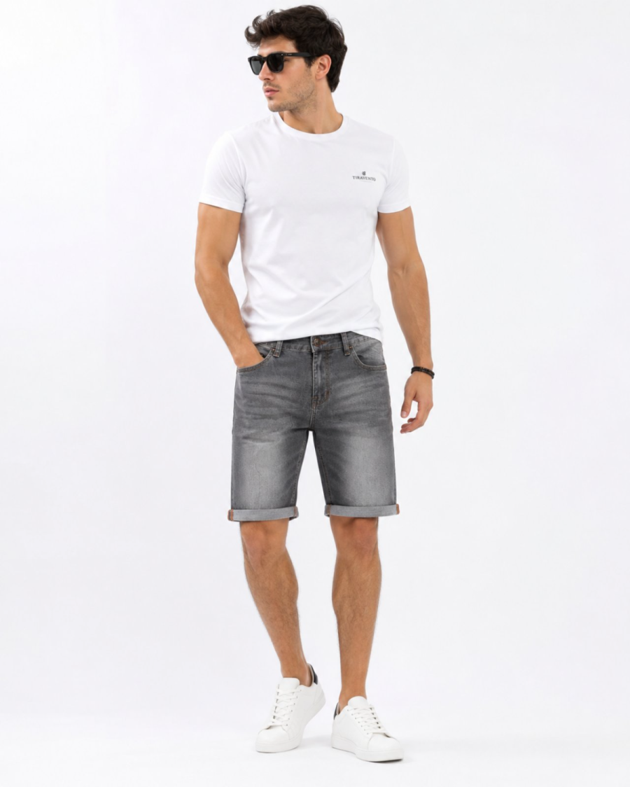 Ανδρική Τζιν Βερμούδα Γκρι Washed Slim Fit με Ρεβέρ #3340
