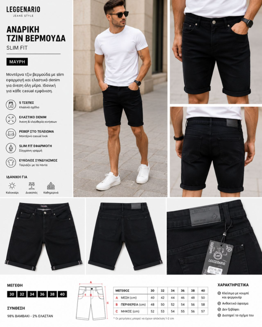 Ανδρική Τζιν Βερμούδα Μαύρη Slim Fit #3379 - Image 5