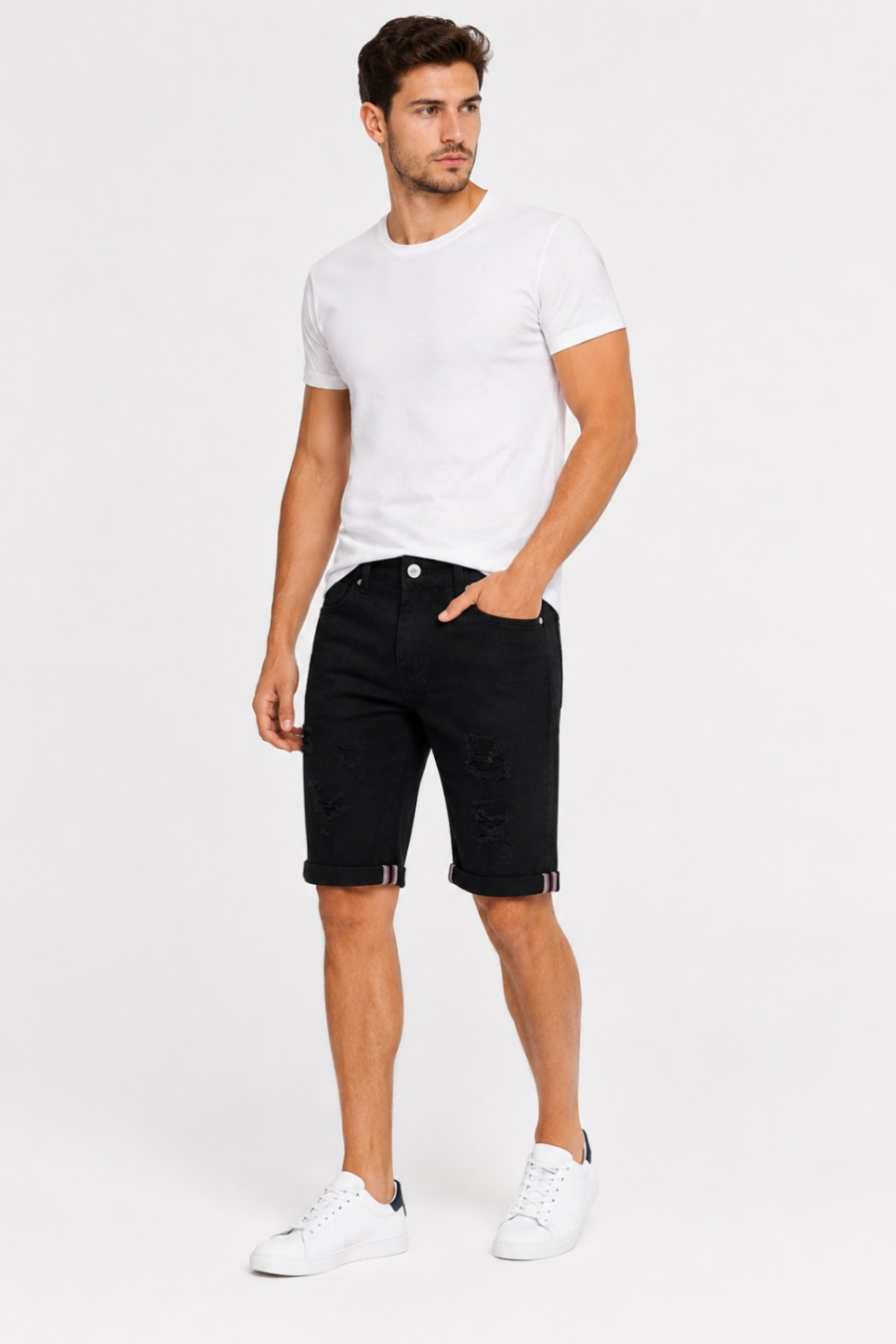 Black Denim Slim Fit Ανδρική Τζιν Βερμούδα με Φθορές #3381