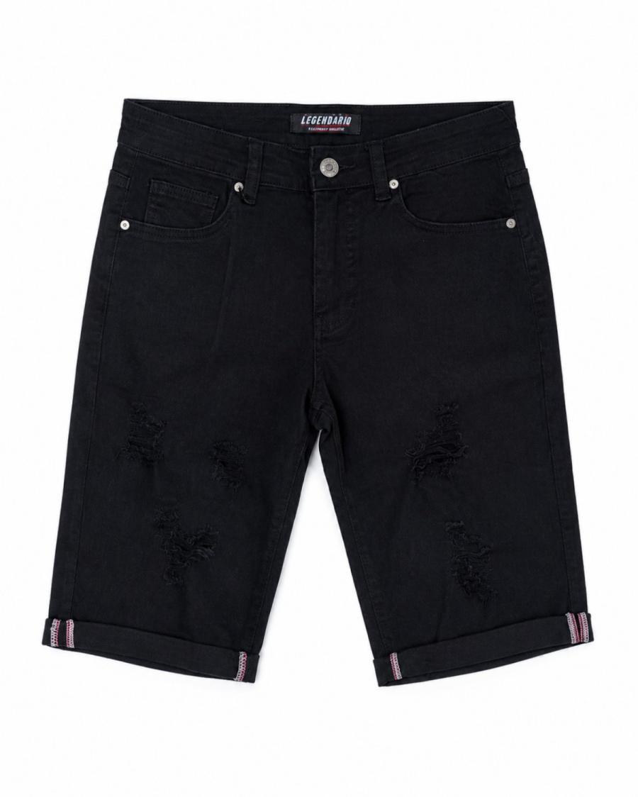 Black Denim Slim Fit Ανδρική Τζιν Βερμούδα με Φθορές #3381 - Image 2