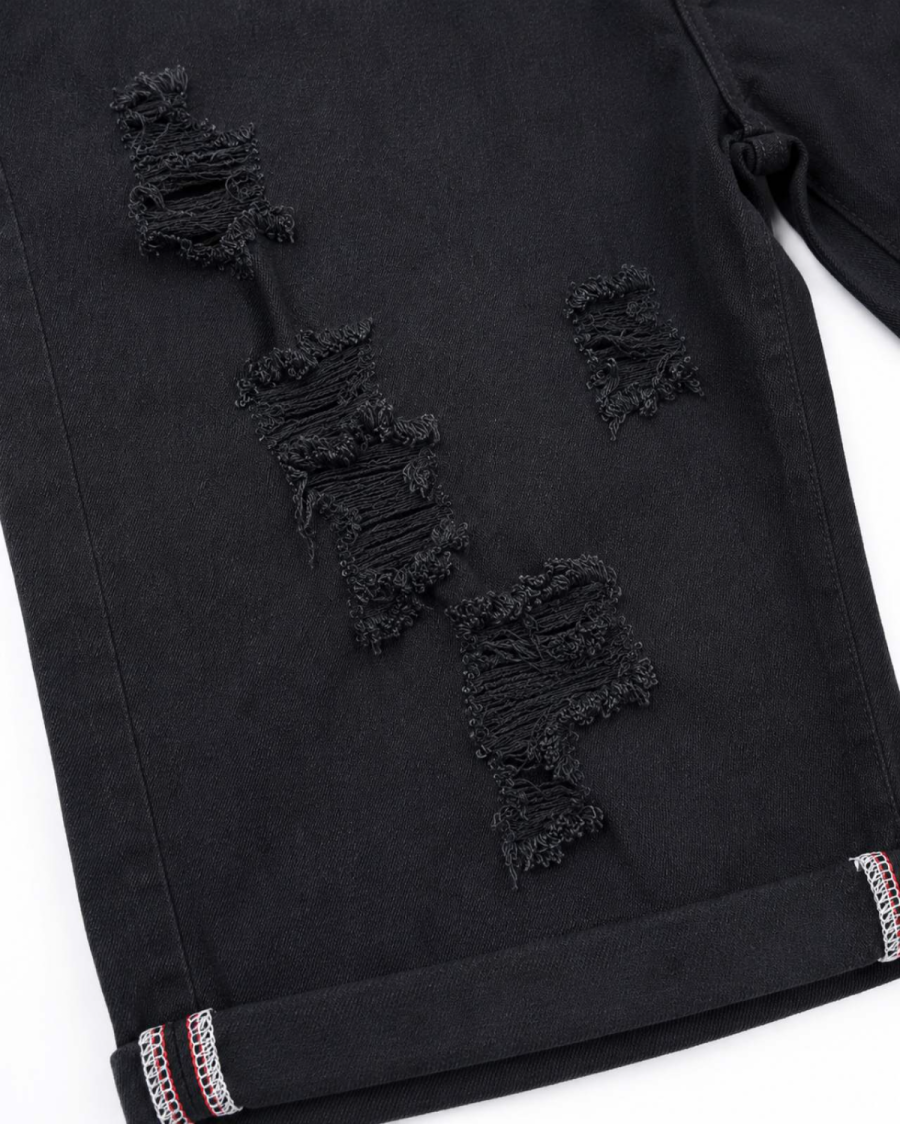Black Denim Slim Fit Ανδρική Τζιν Βερμούδα με Φθορές #3381 - Image 5