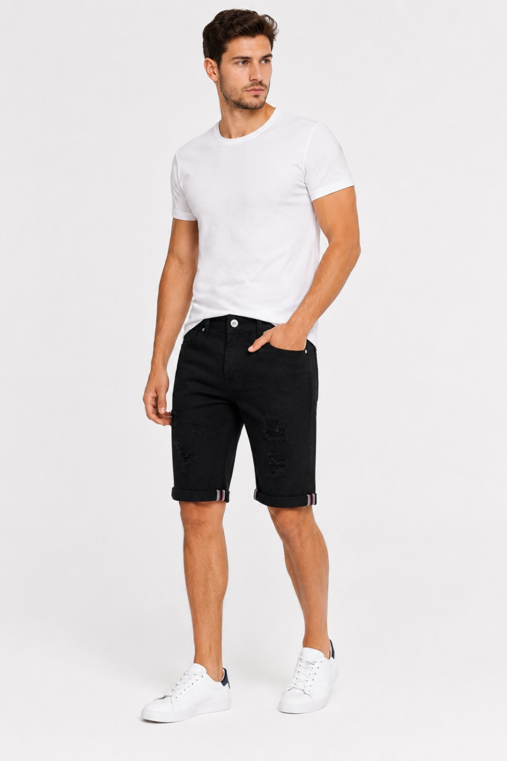 3381.jpg Black Denim Slim Fit Ανδρική Τζιν Βερμούδα με Φθορές #3381 - Image 1