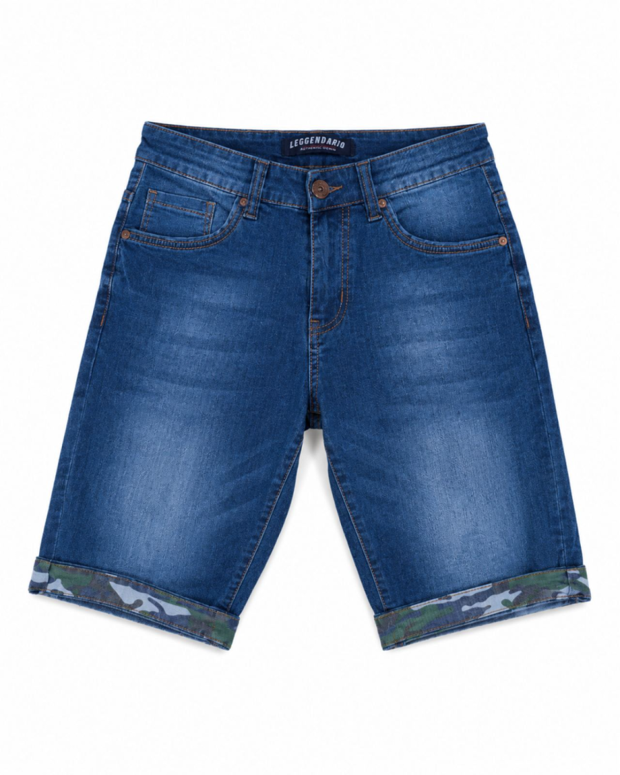 Ανδρική Τζιν Βερμούδα Slim Fit με Camo Ρεβέρ – Μπλε Denim #J3300 - Image 3