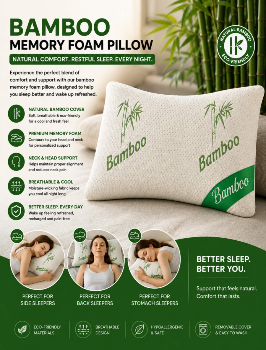 Bamboo Memory Foam Pillow 40x60cm – Premium Orthopedic Support #P2159 - Image 11