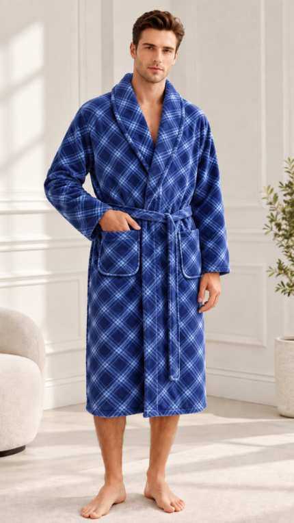 Ανδρική Ρόμπα Fleece Καρό με Ζώνη #D6502