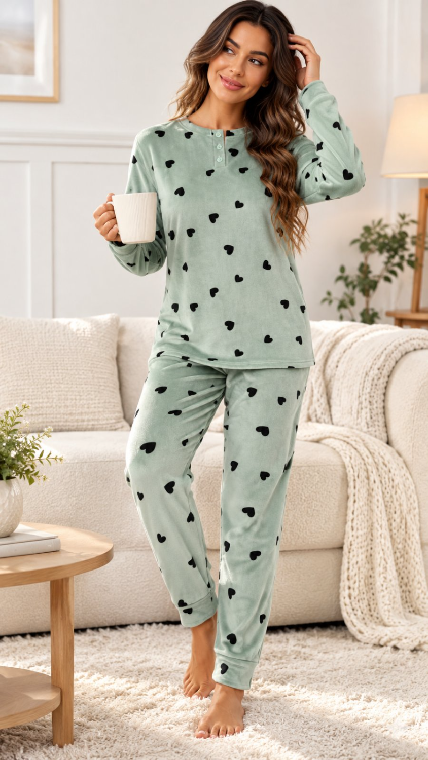 F5965.jpg Γυναικεία Πιτζάμα Coral Fleece με Καρδιές #F5965 - Image 1