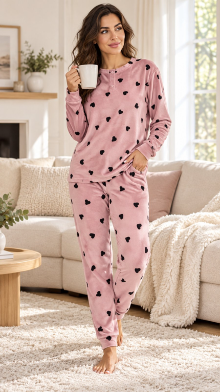 Γυναικεία Πιτζάμα Coral Fleece με Καρδιές #F5966