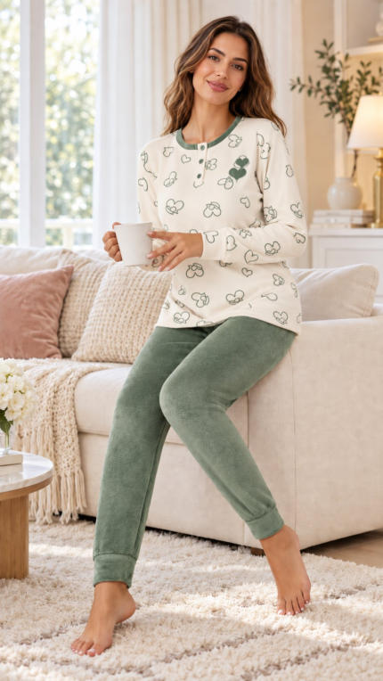 Γυναικεία Πιτζάμα Coral Fleece με Σχέδιο Καρδιές #F5969