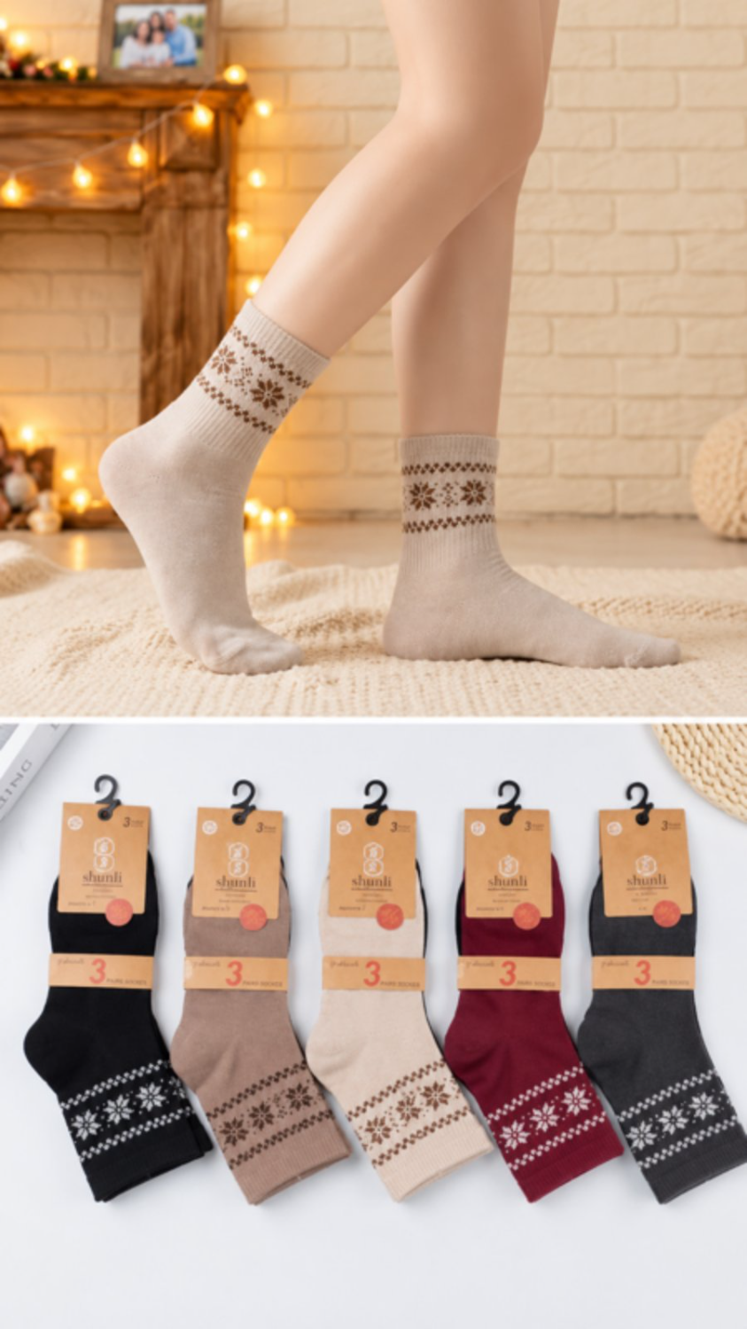 SL29033.jpg Γυναικείες Πετσετέ Κάλτσες με Σκανδιναβικό Μοτίβο Assorted 3 Ζευγάρια #SL29033 - Image 1